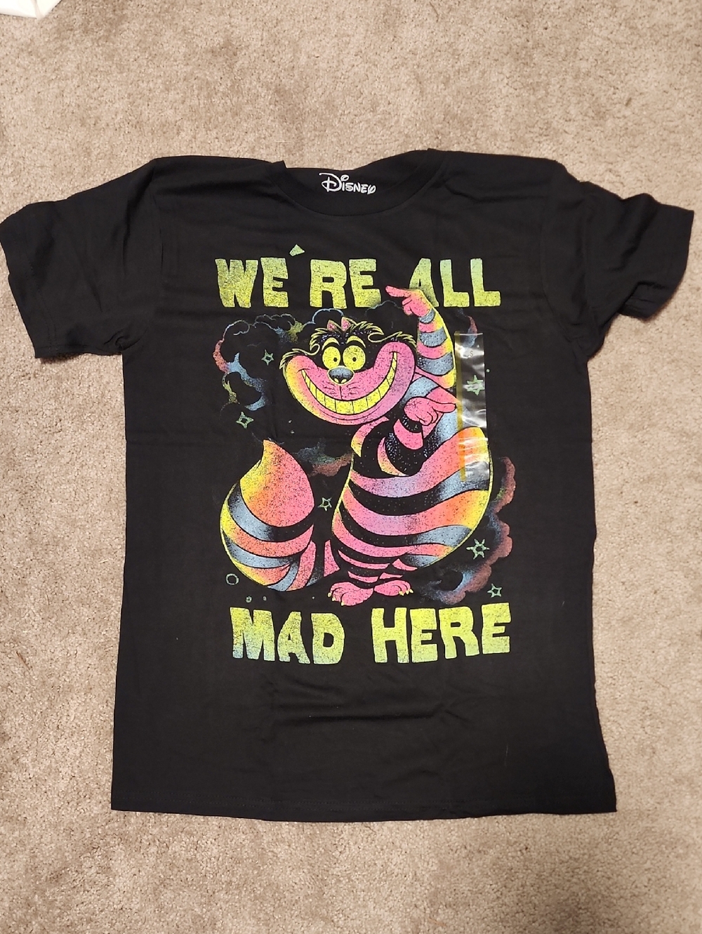 Disney Black Tee with Neon Cheshire Cat "We're All Mad Here"